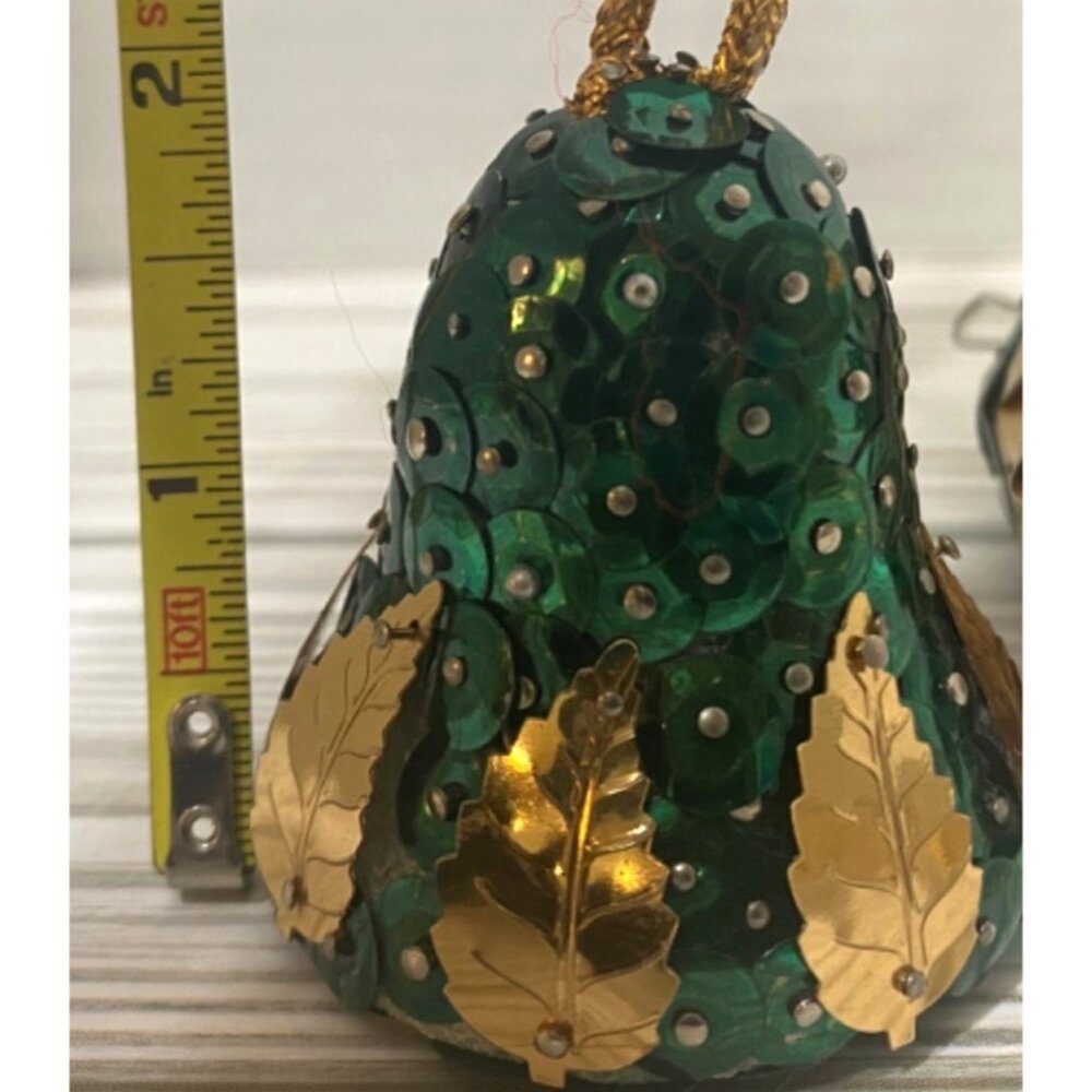 Vintage Handmade Sequined Bell Ornaments Set Of 4 Gold & Green Christmas - Picture 6 of 6